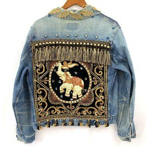 Vintage Upcycle Embellished Elephant Boho Denim Jacket
